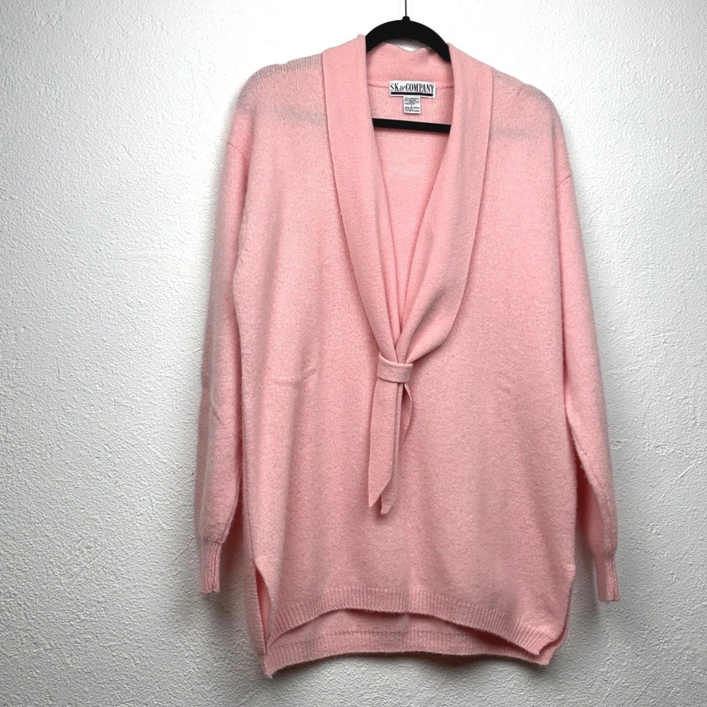 Vintage SK & Company Pink Angora Blend Sweater - L - Shawl Collar Bow Tie Front